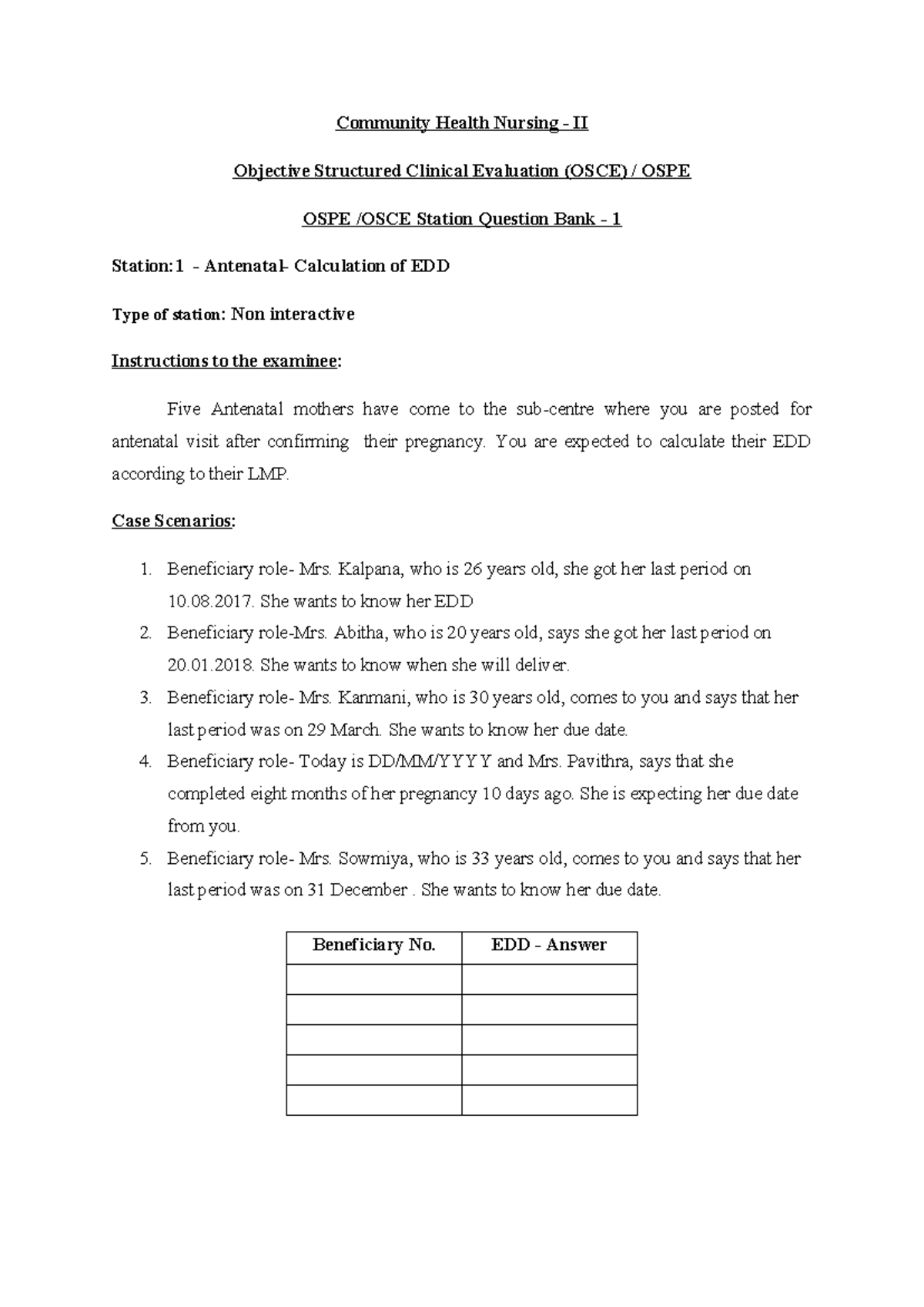 Community Health Nursing II: OSCE Station Question Bank & Evaluation - Document Preview