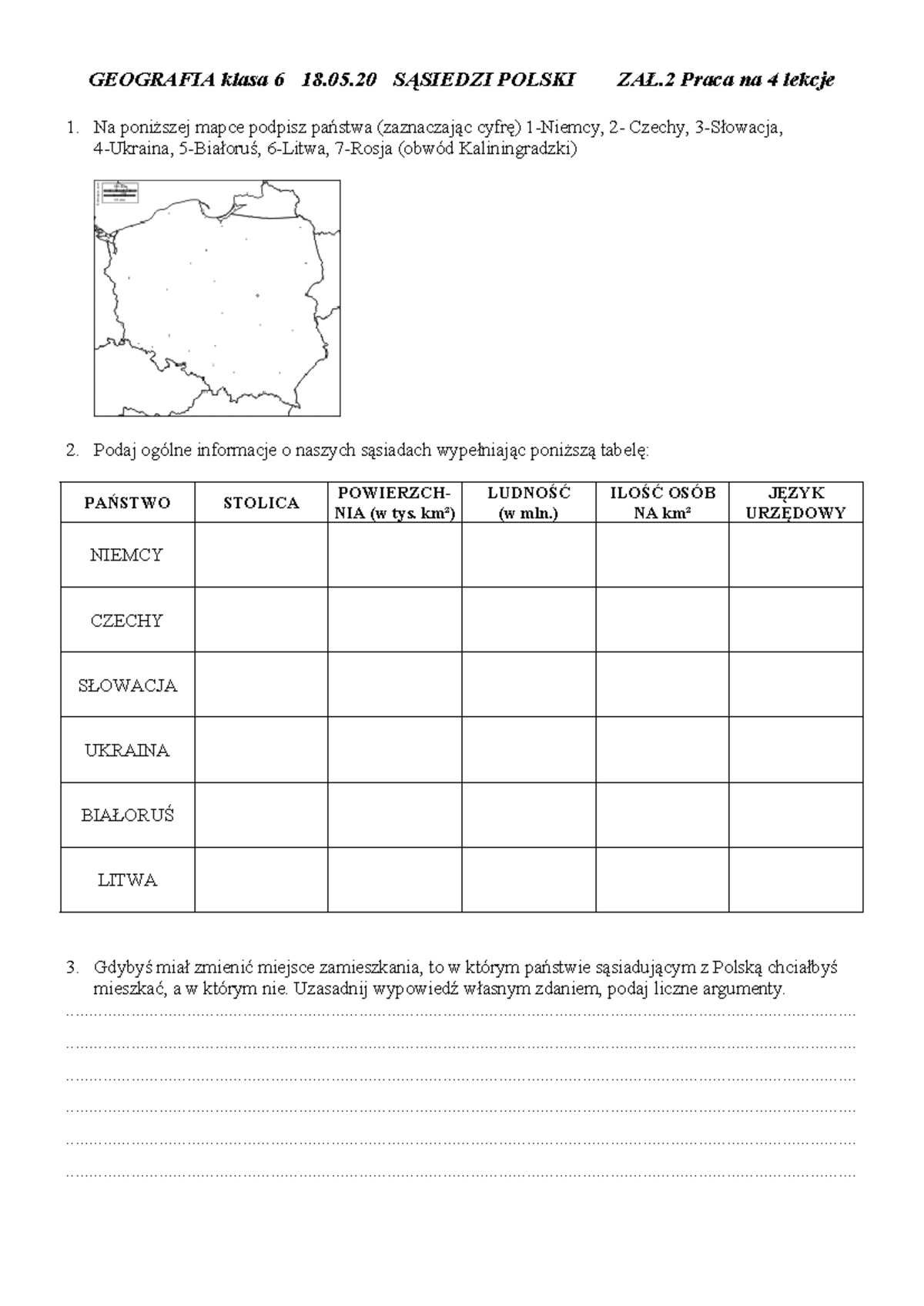 Sąsiedzi Polski - Praca na 4 Lekcje dla Klasy 6 - GEOGRAFIA - Studocu