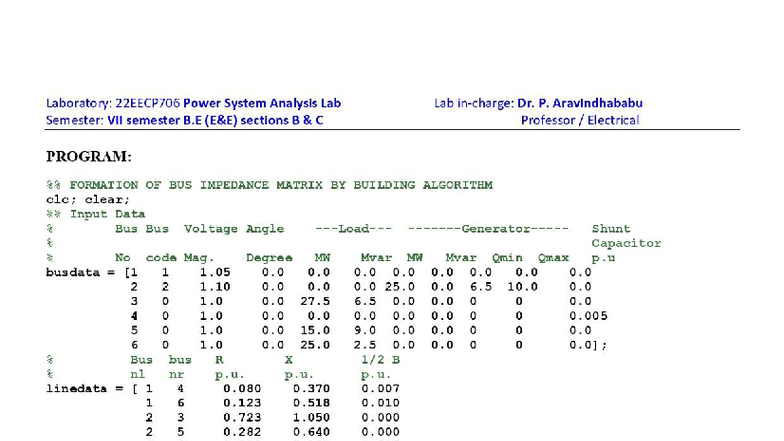 Laboratory: 22EECP706 Power System Analysis Lab - Bus Impedance Matrix ...