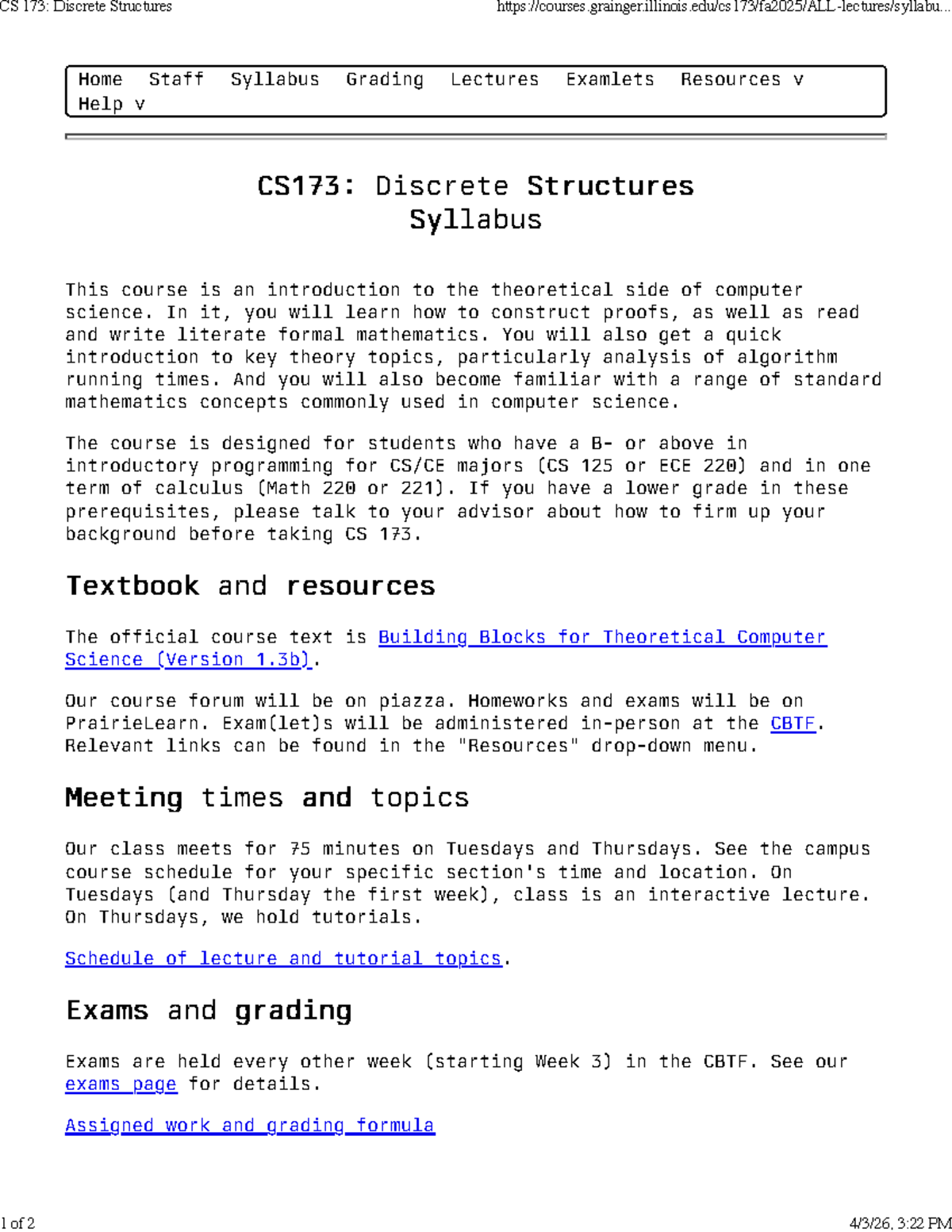 CS 173: Discrete Structures Syllabus Overview and Course Details - Studocu