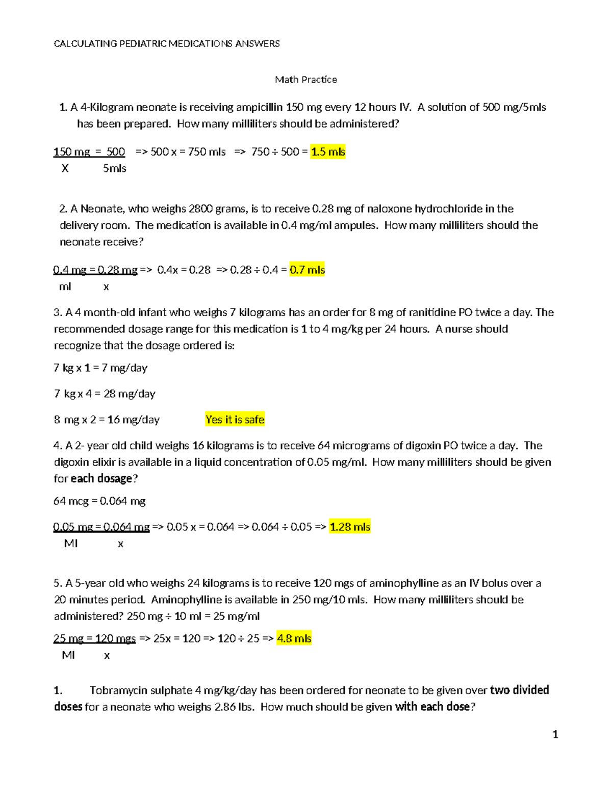 Pediatric Drug Calculations - Answers for Math Practice 1 - Studocu