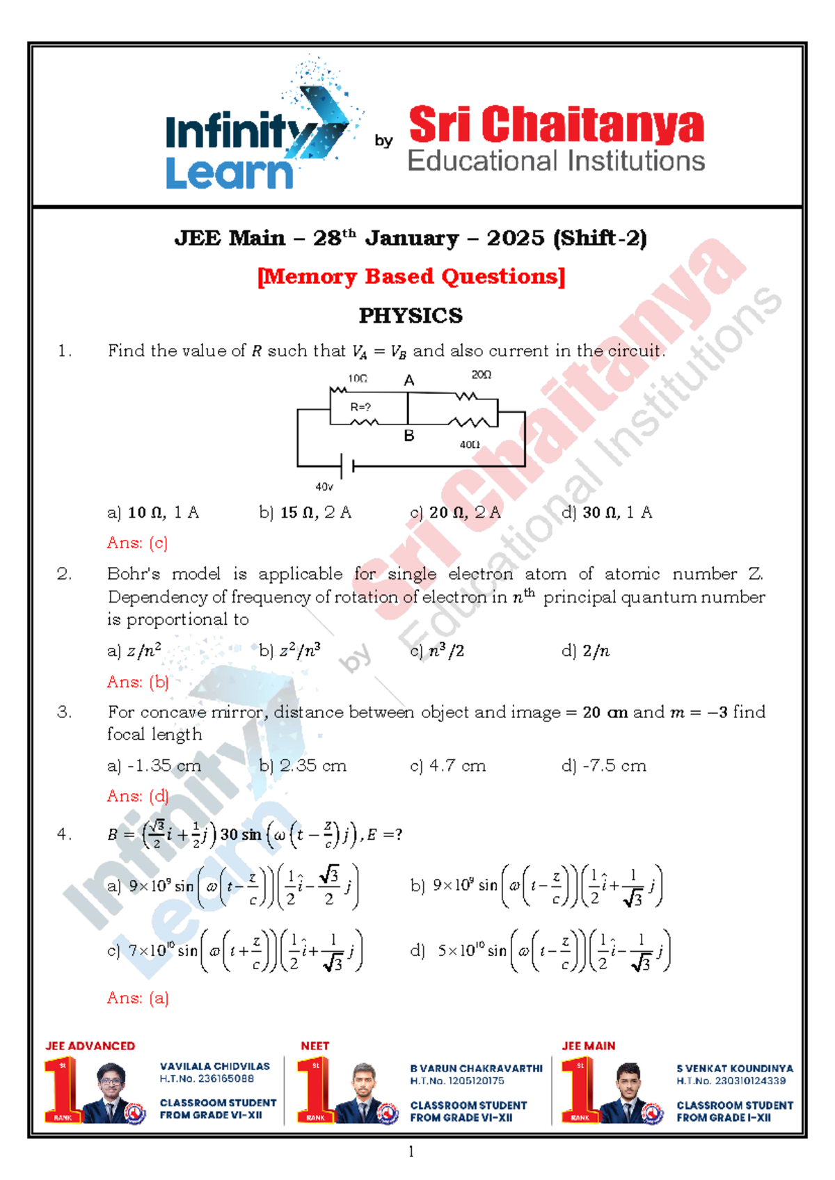 JEE Main 28th Jan shift 2 - JEE Main – 28 th January – 2025 (Shift- 2 ...