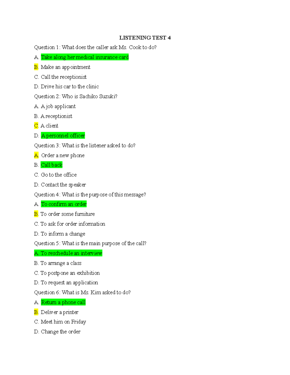 Listening Test 4: Questions and Answers for Practice - Studocu