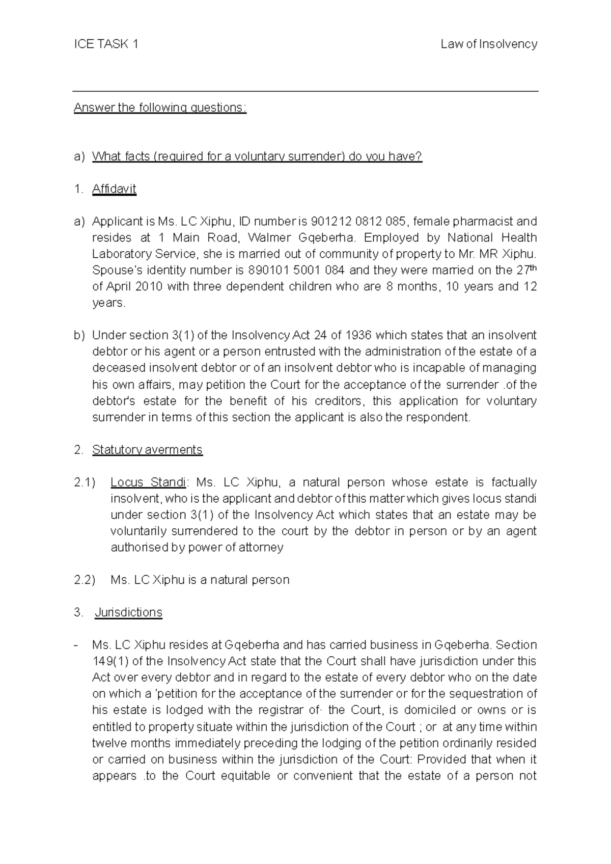 ICE TASK 1 - LAIN7312 - Voluntary Surrender in Insolvency Law - Studocu