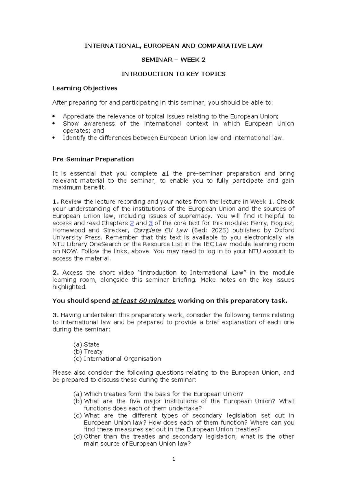 IEC Law Seminar Wk 2: Intro to Key Topics in Int'l & EU Law - Studocu