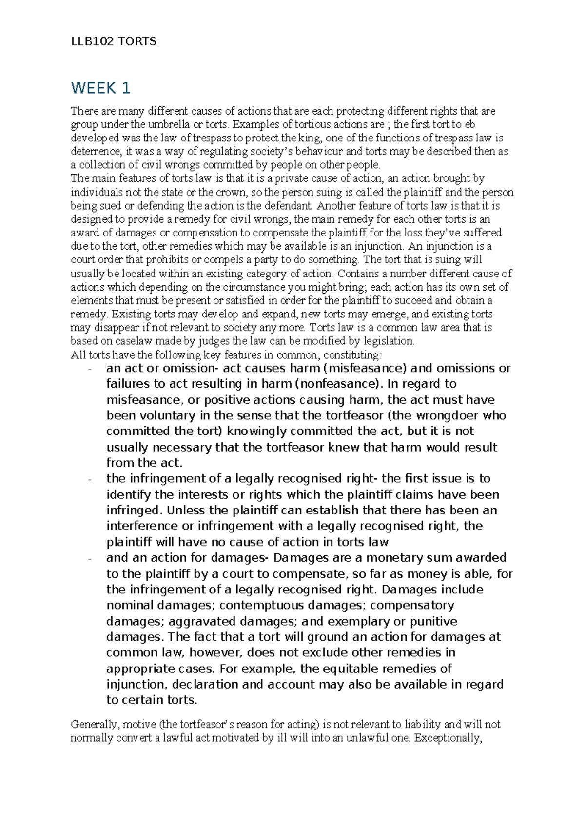 LLB102 TORTS: Week 1 & 2 Lecture Notes on Civil Wrongs and Liability ...