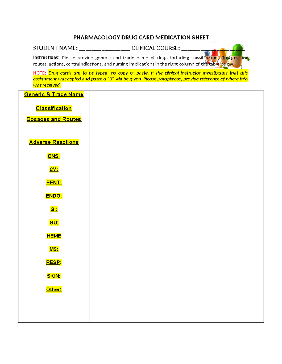 Pharmacology Drug Medication Card Template - PHARMACOLOGY DRUG CARD ...