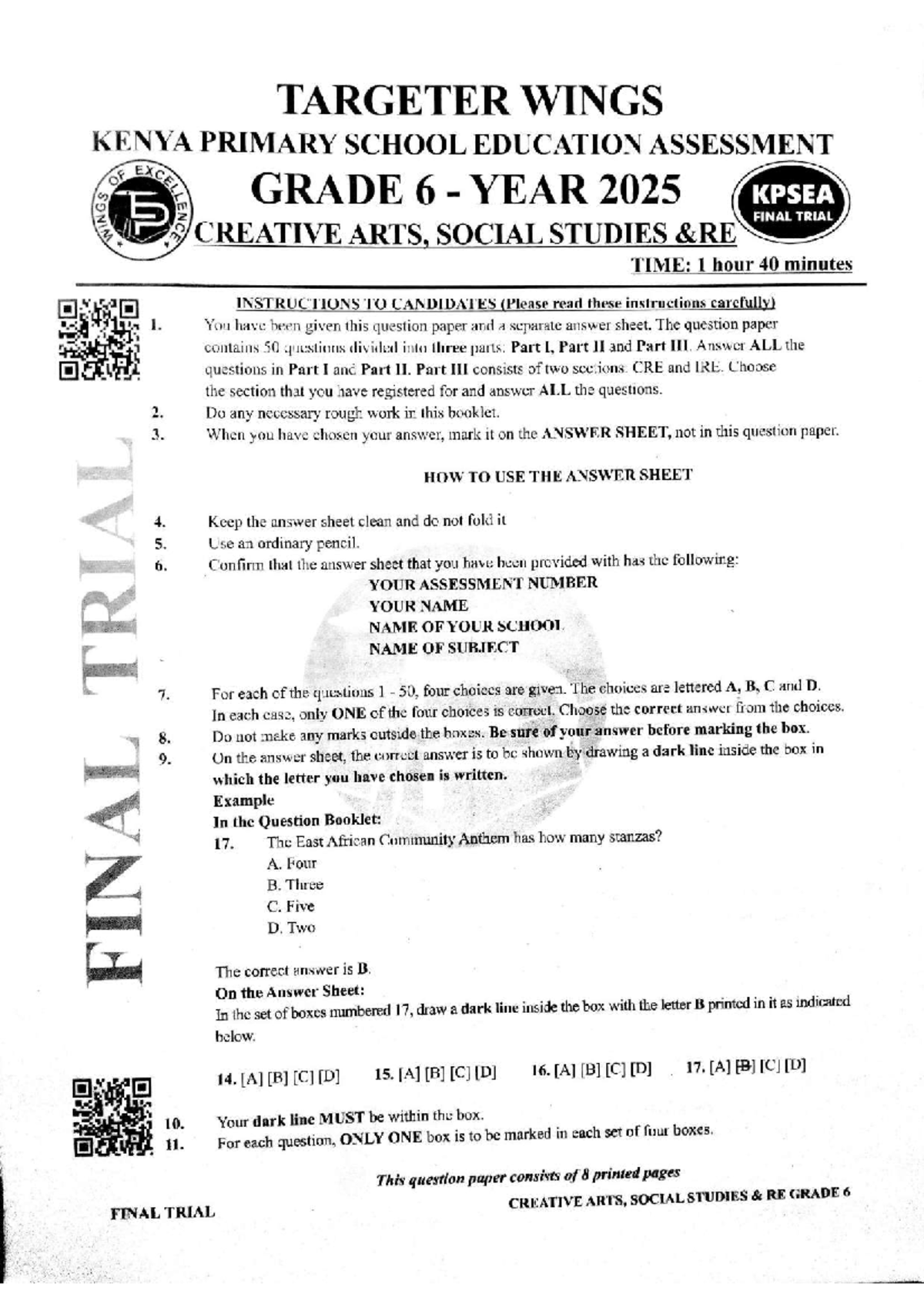 KPSEA Final Trial Exam 2025: Grade 6 Creative Arts & Social Studies ...