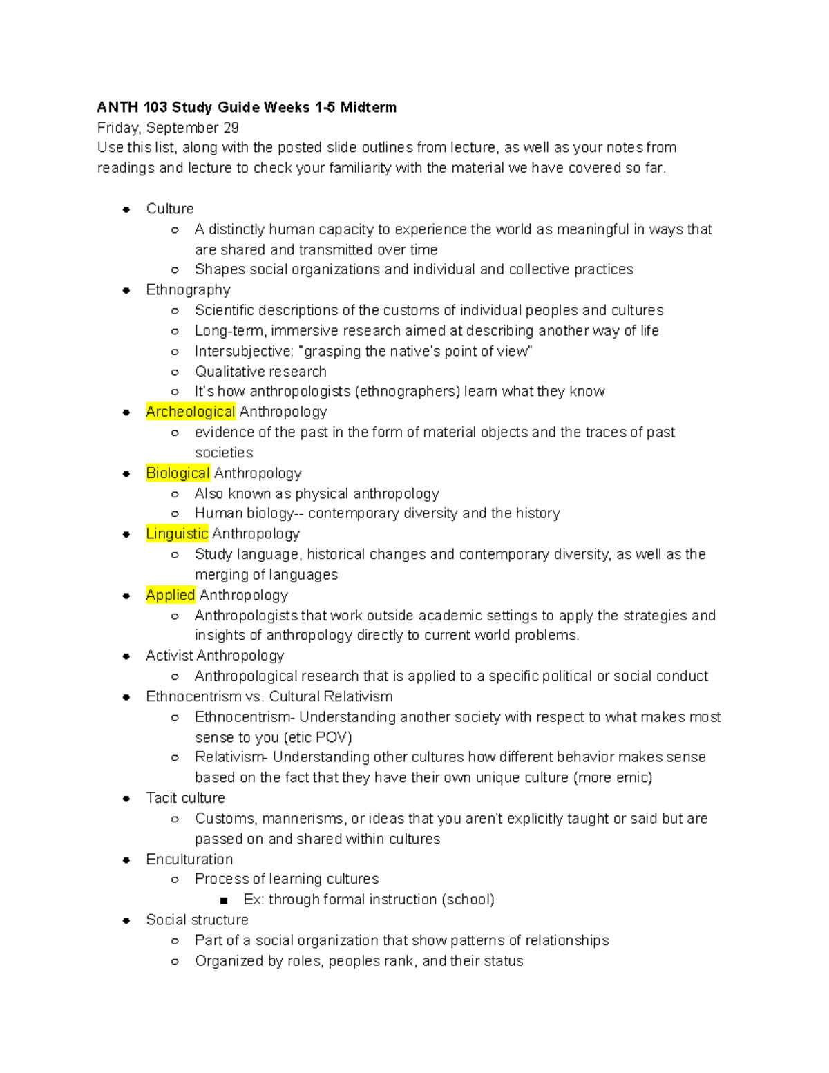 ANTH 103 Midterm Study Guide: Key Concepts from Weeks 1-5 - Studocu
