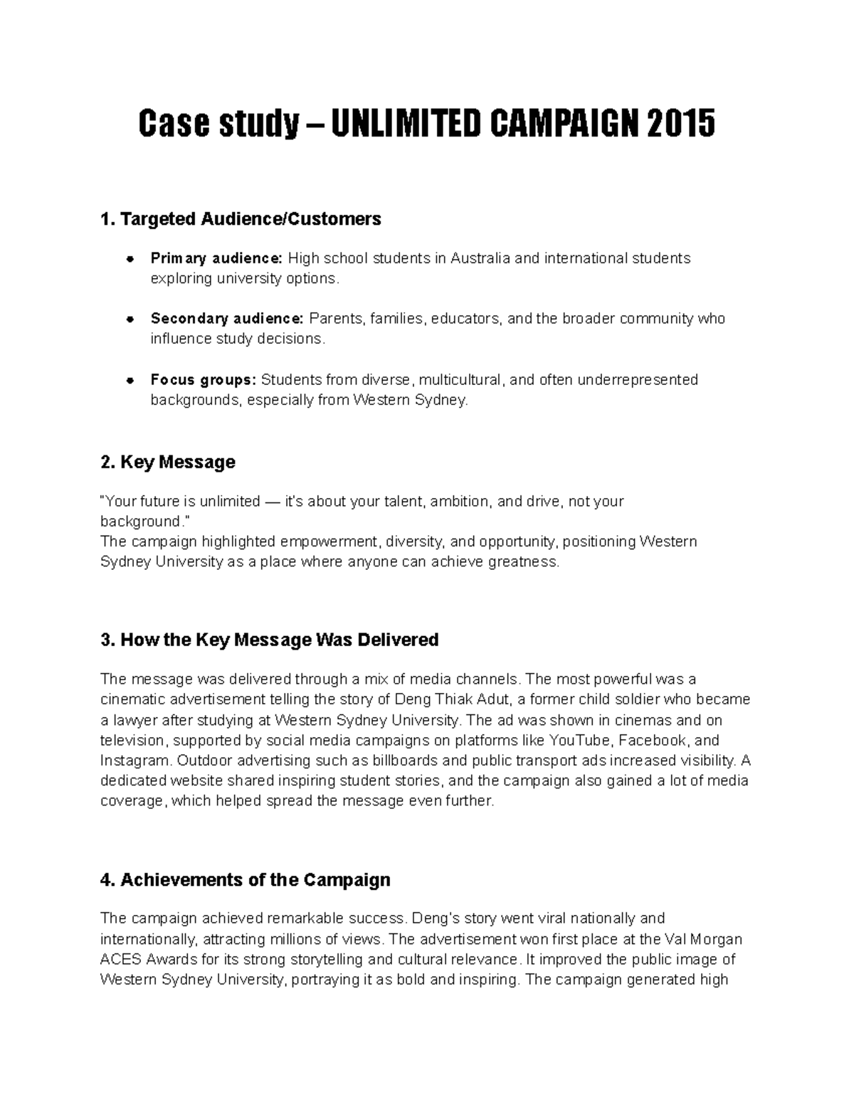 Case Study: Unlimited Campaign 2015 - Empowering Diversity at WSU - Studocu