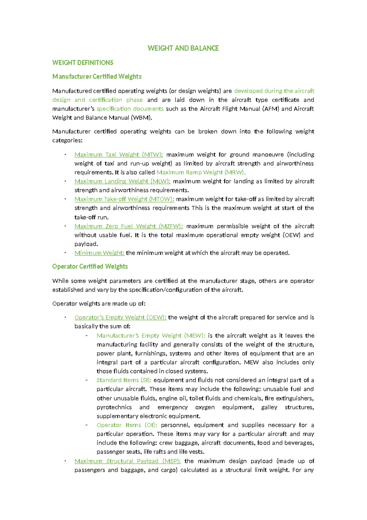 Weight and Balance Overview - Apuntes on Aircraft Specifications - Studocu