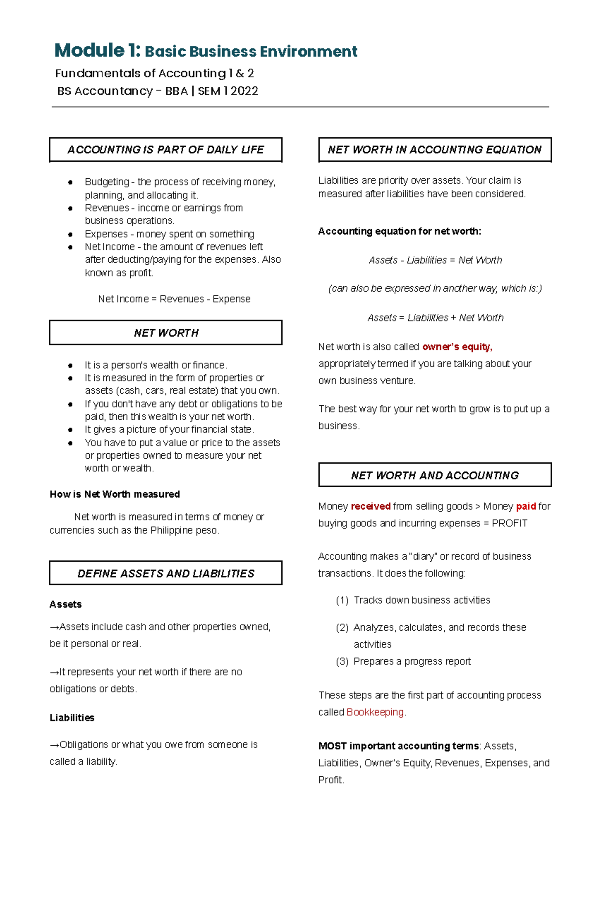 Module 1: Understanding Basic Business Environment (ACCT 1 & 2) - Studocu