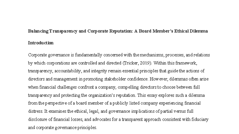 Corporate Governance Dilemma: Transparency vs. Reputation - Studocu