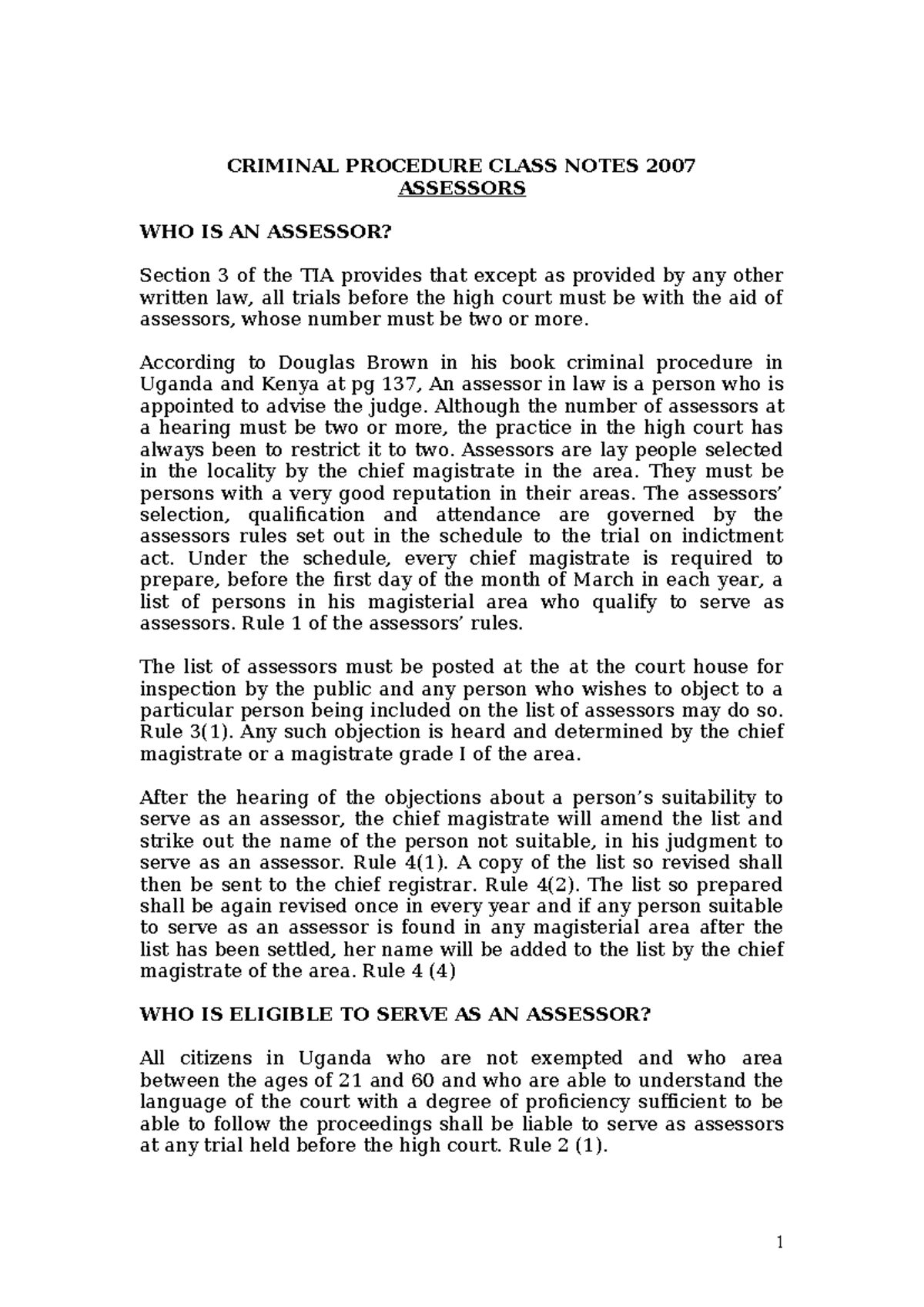 CRIMINAL PROCEDURE CLASS NOTES: ASSESSORS IN TRIALS - Studocu