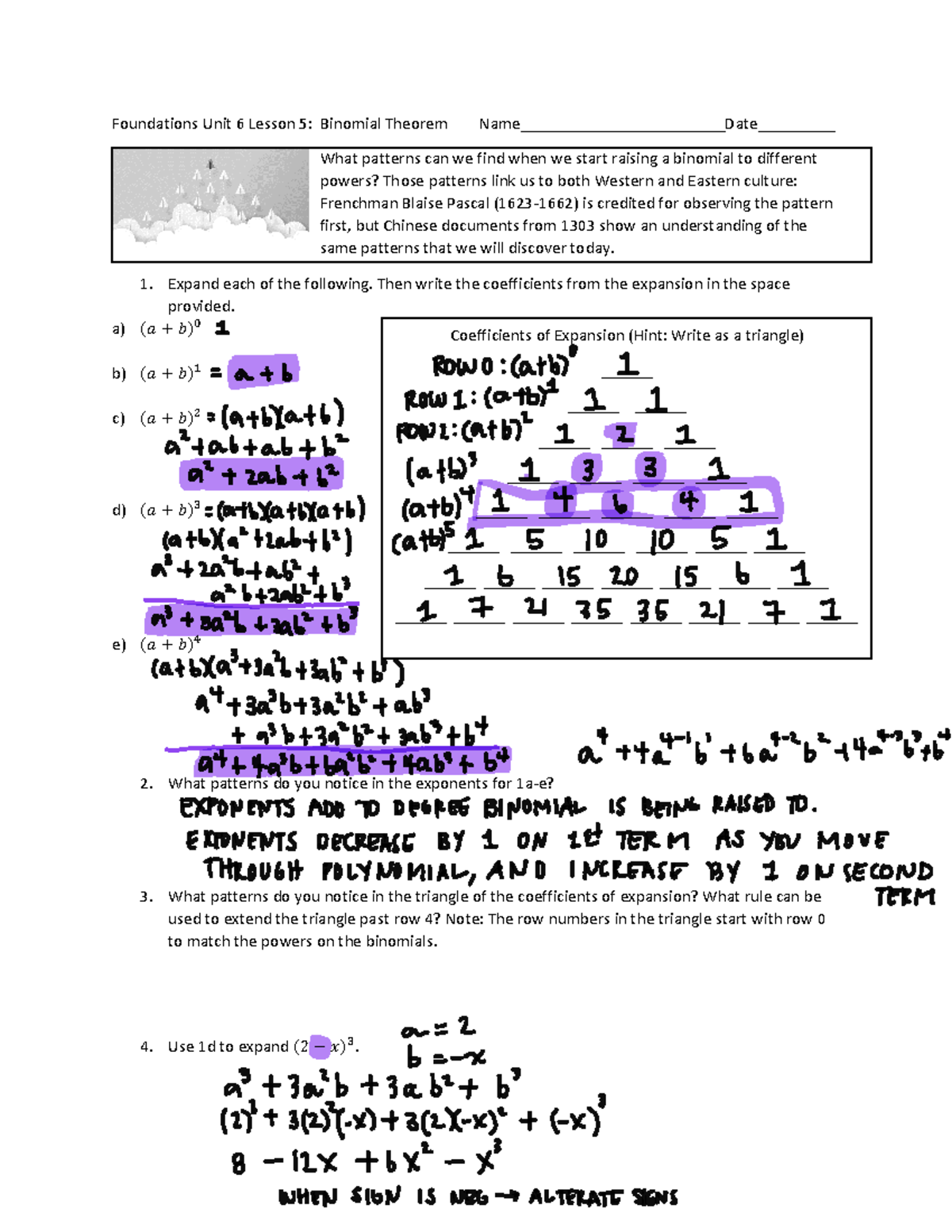 Day 5 - Binomial Theorem Notes - Foundations Unit 6 Lesson 5: Binomial ...