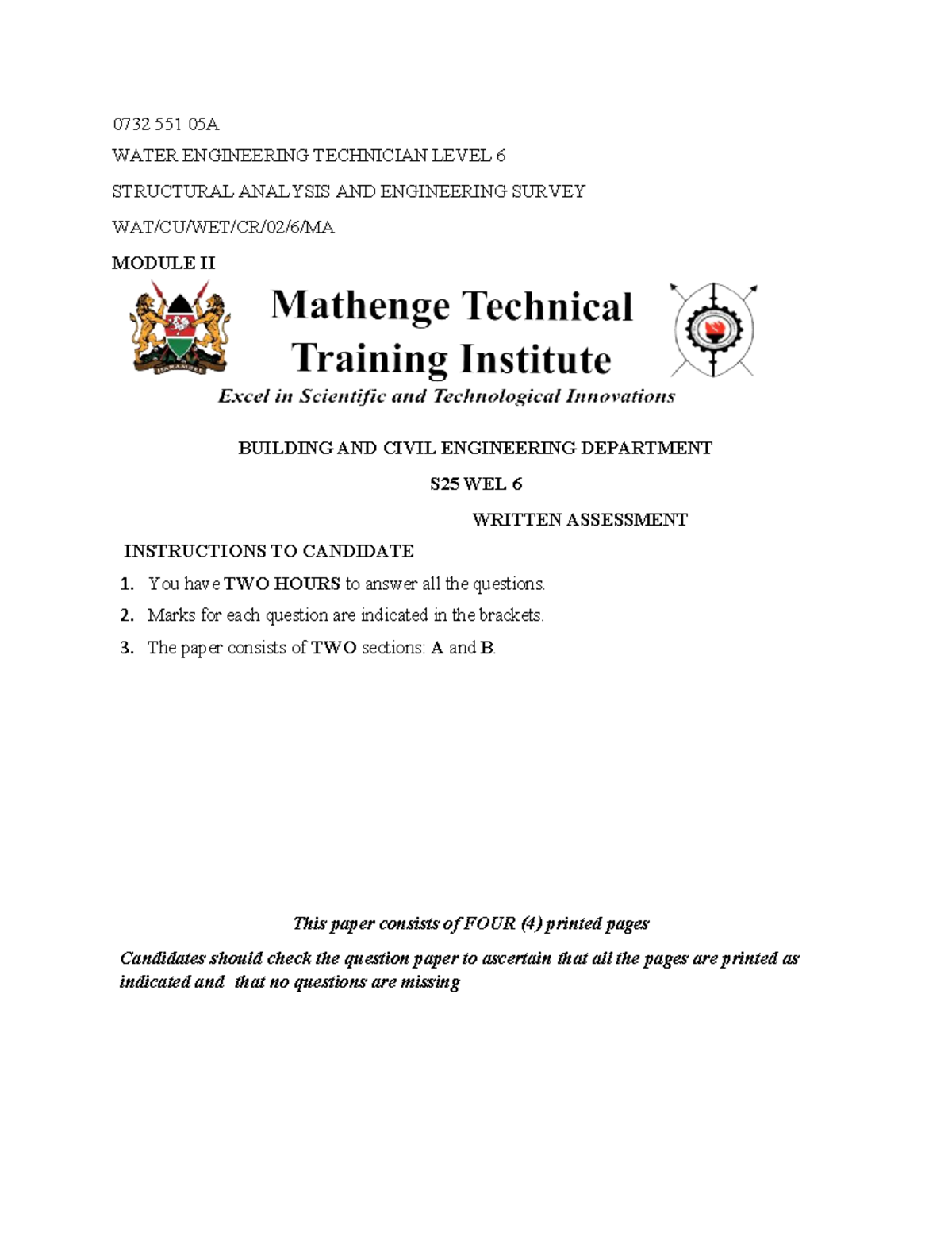 0732 551 05A Water Engineering Technician Level 6 Structural Analysis ...