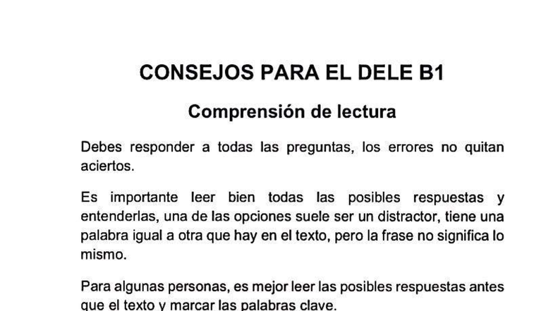 Consejos para el DELE B1: Comprensión de Lectura y Auditiva - Studocu