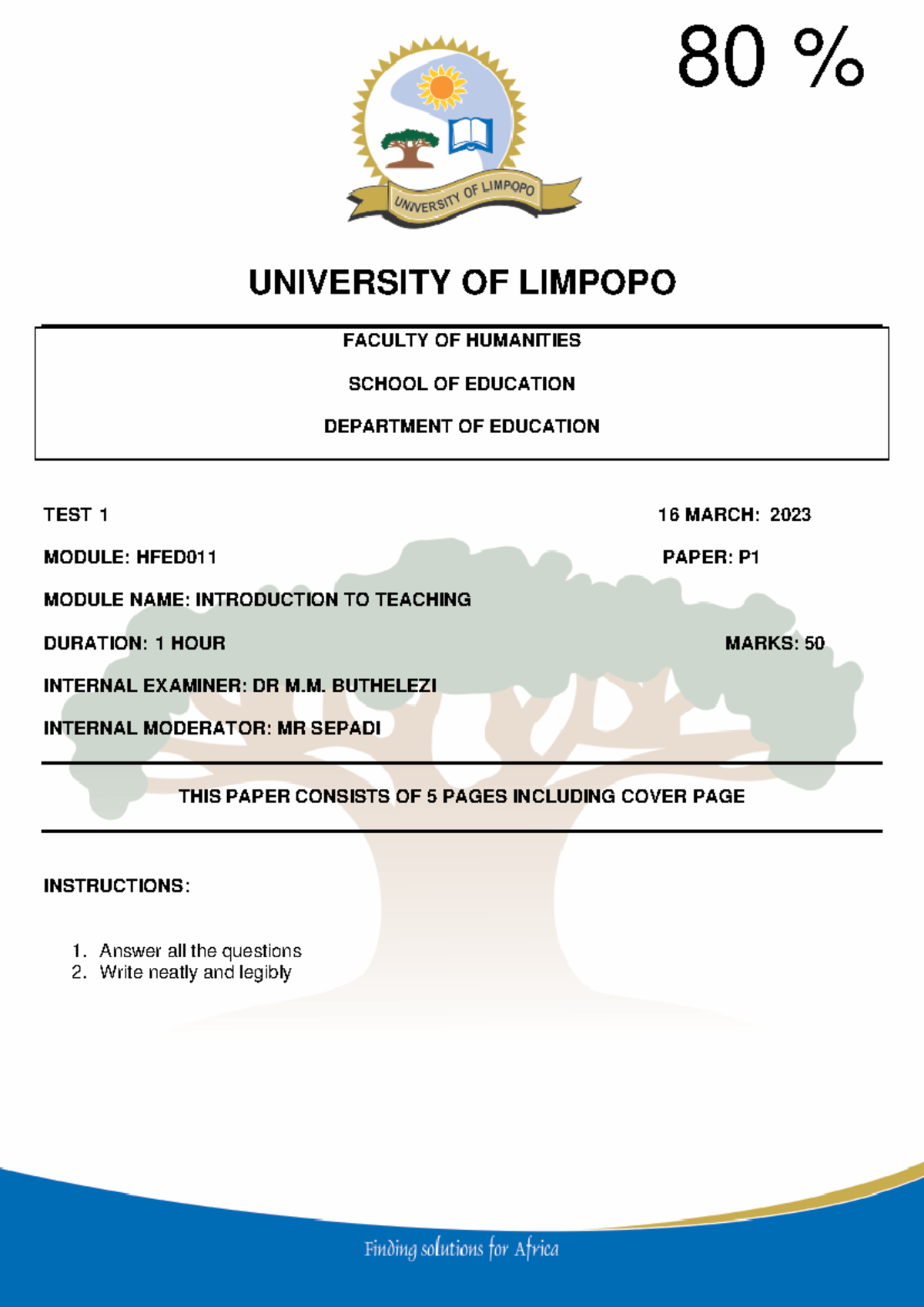 HFED011 Test 1 Memo - Past Papers & Solutions for Teaching Module - Studocu