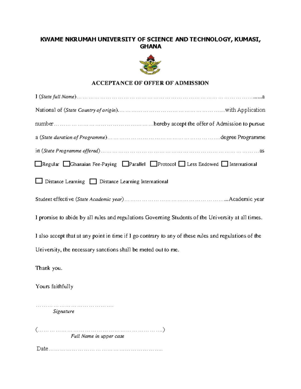 Acceptance Letter for Admission - KNUST, Ghana - Studocu