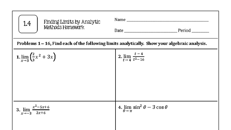 Finding Limits: Analytic Methods Homework 1.4 Problems 1-16 - Studocu