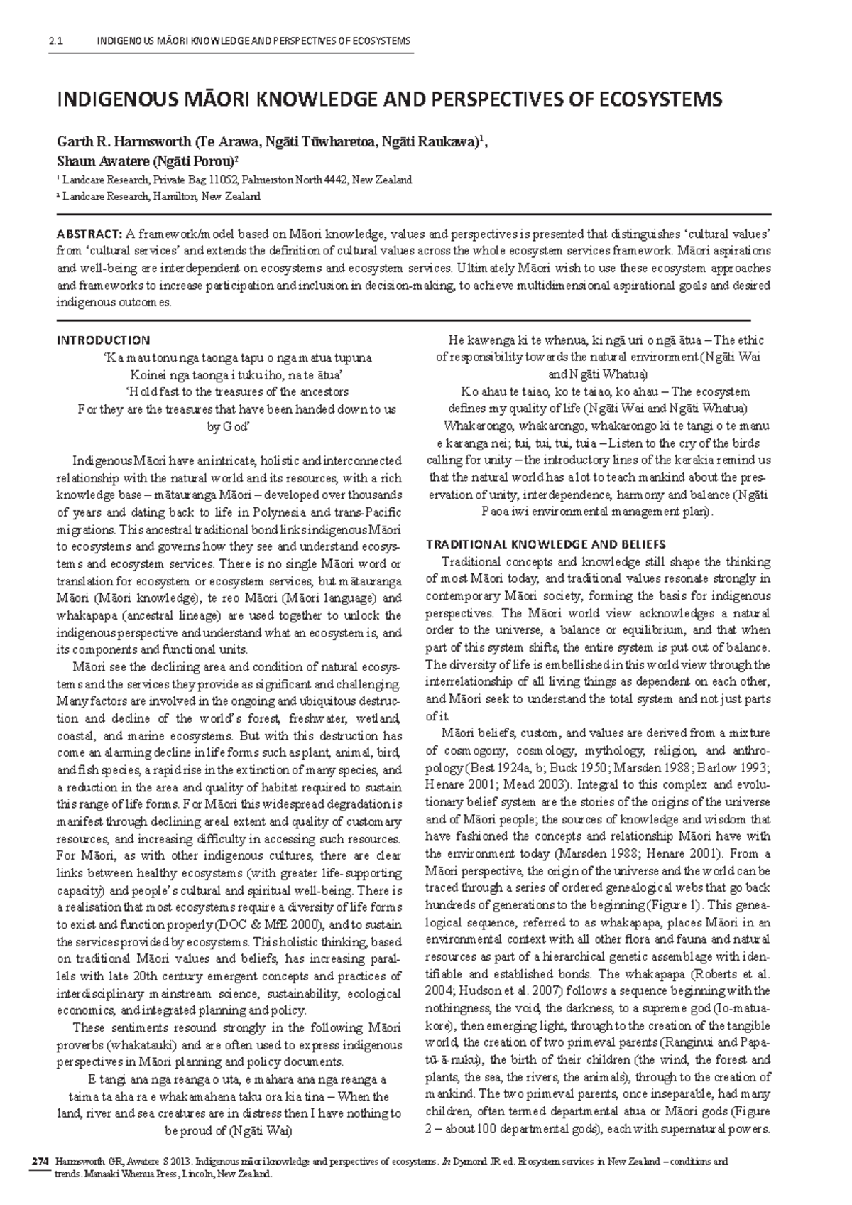 Indigenous Māori Knowledge and Perspectives on Ecosystem Management (2. ...