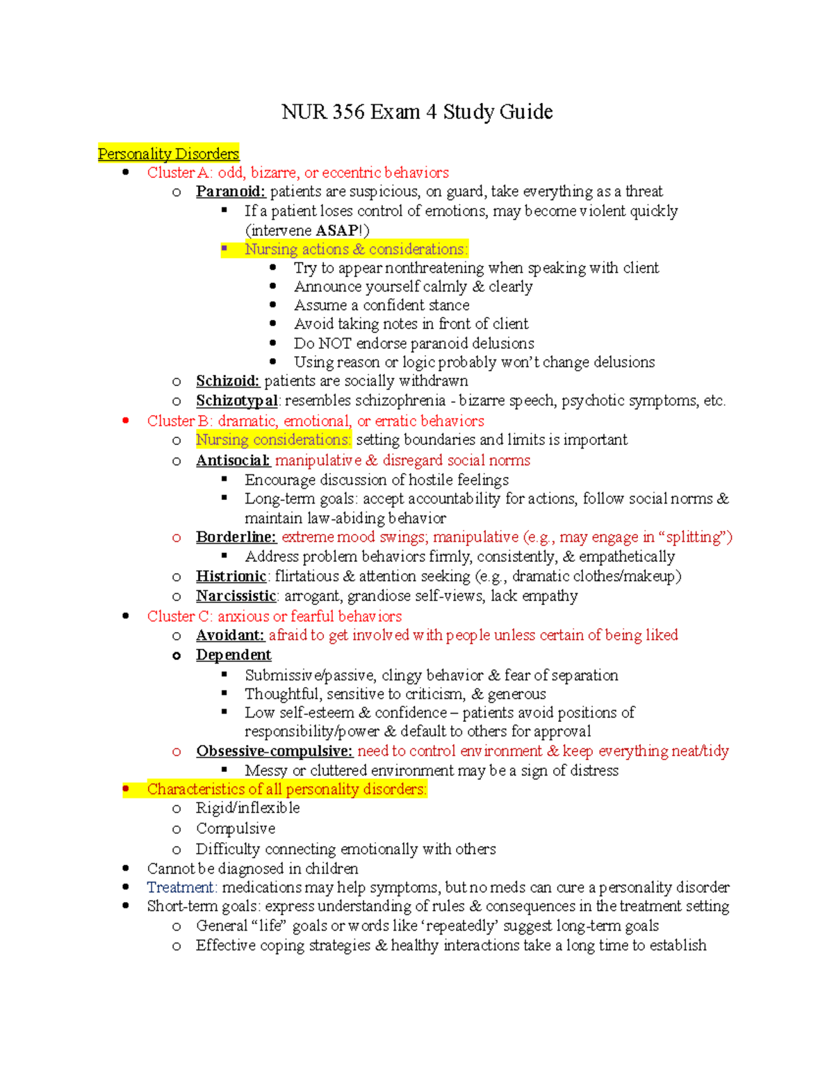 NUR 356 Exam 4 Study Guide: Personality Disorders Overview and Nursing ...