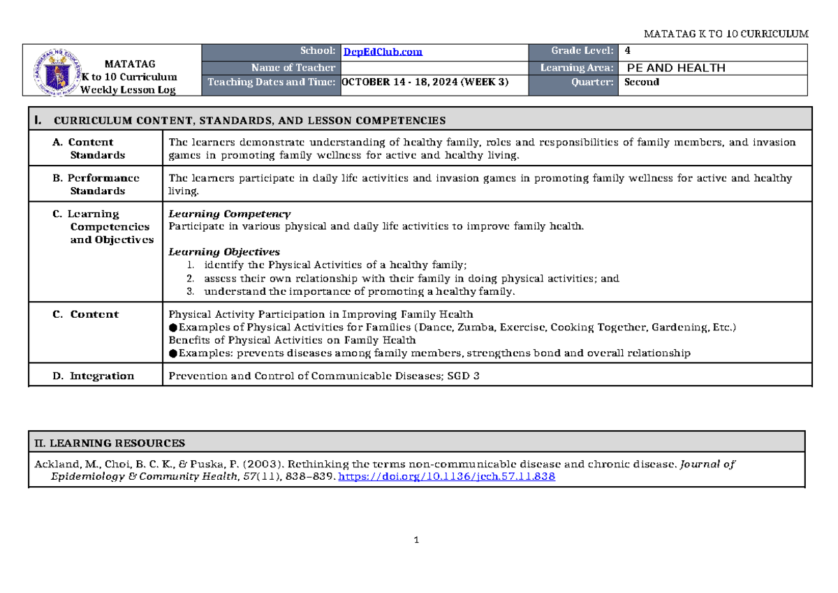 DLL Matatag PE & Health 4 Q2 Weekly Lesson Plans for Weeks 1-4 - Studocu
