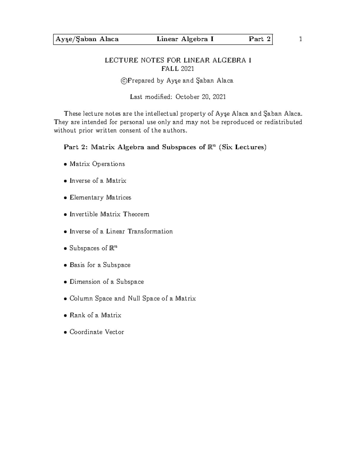 Linear Algebra 1-Lecture Notes-Part2-Ver3-F2021 - LECTURE NOTES FOR ...