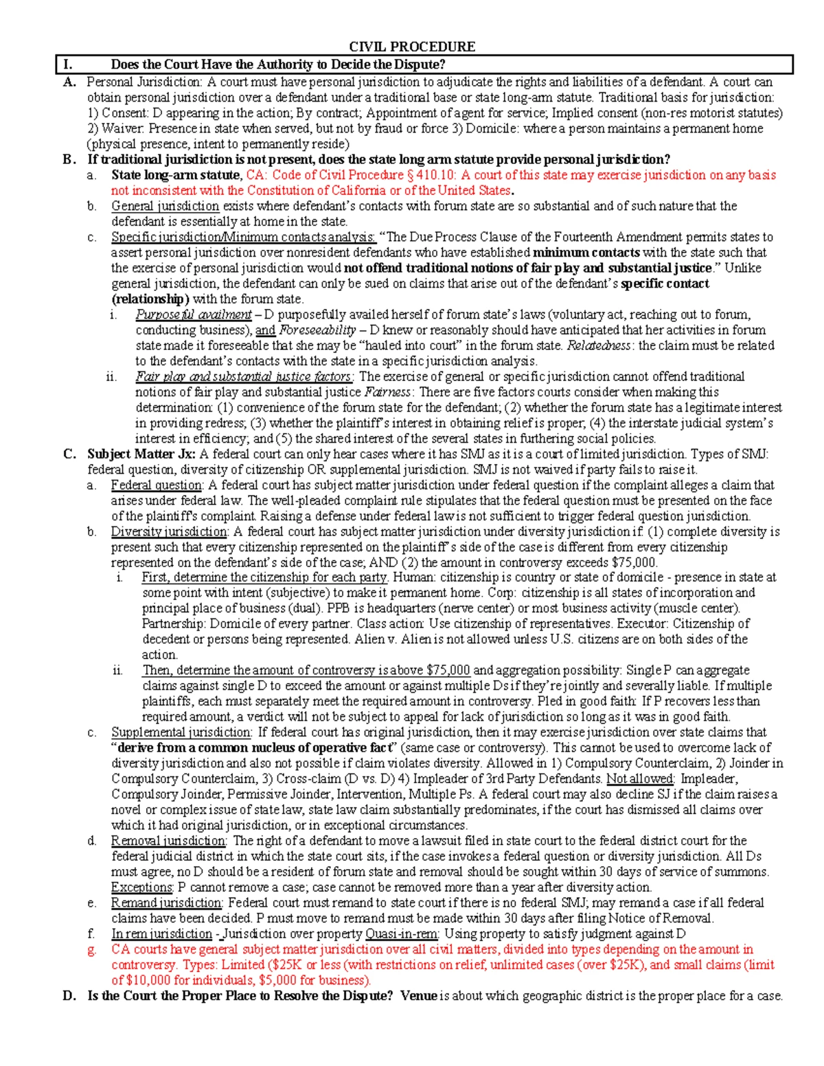 2024 Civil Procedure Bar Exam Study Notes: Key Concepts & Jurisdiction ...