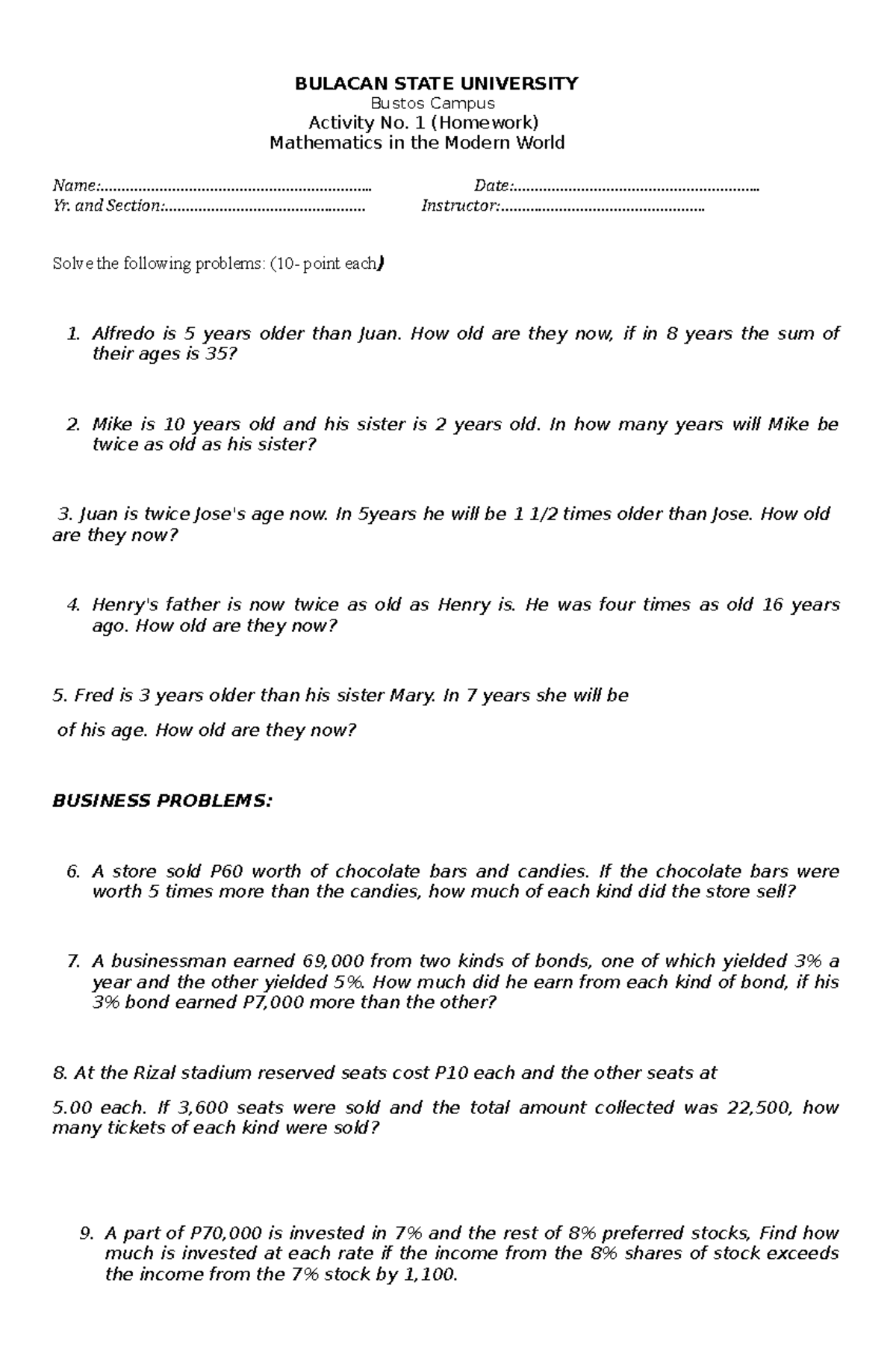 Age Problems Homework - MATH 1 - 1st Semester 2023-2024 - Studocu