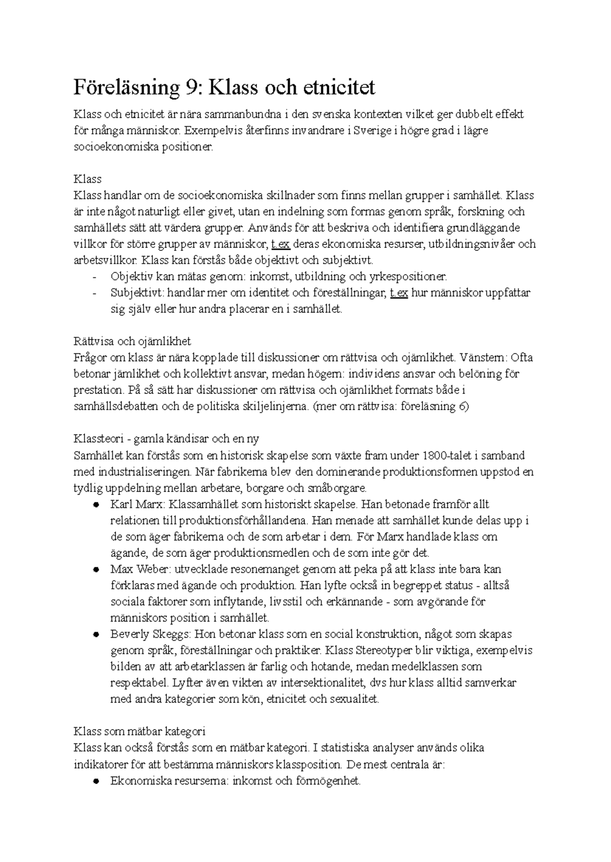 Föreläsning 9: Klass och Etnicitet i Svensk Kontext - Studocu