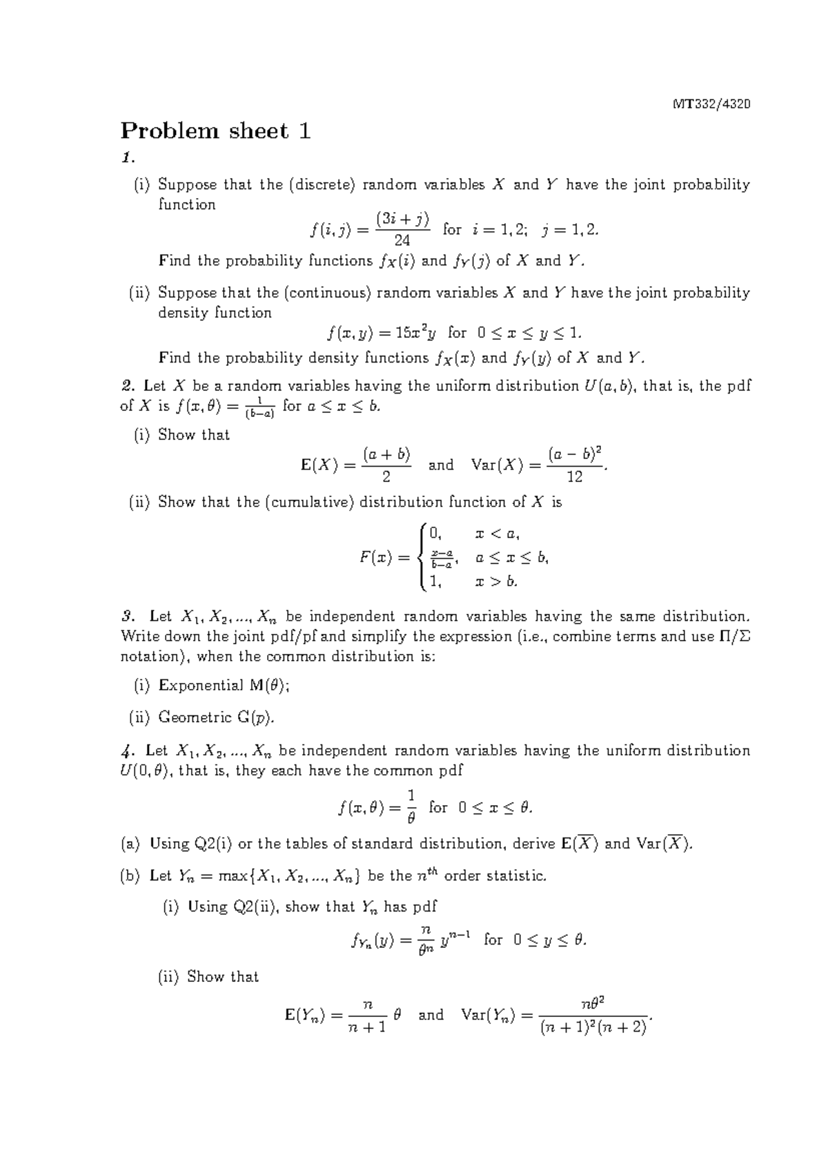 Probability Functions and Distributions - Problem Sheet 1 - Studocu
