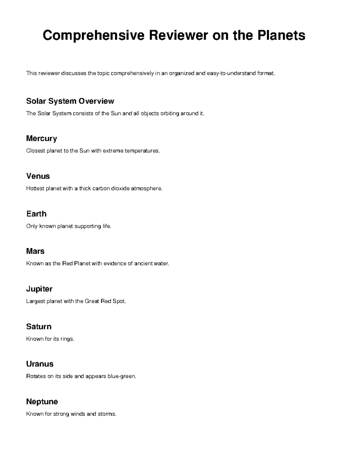 Planets Reviewer - Comprehensive Notes on the Solar System - Studocu