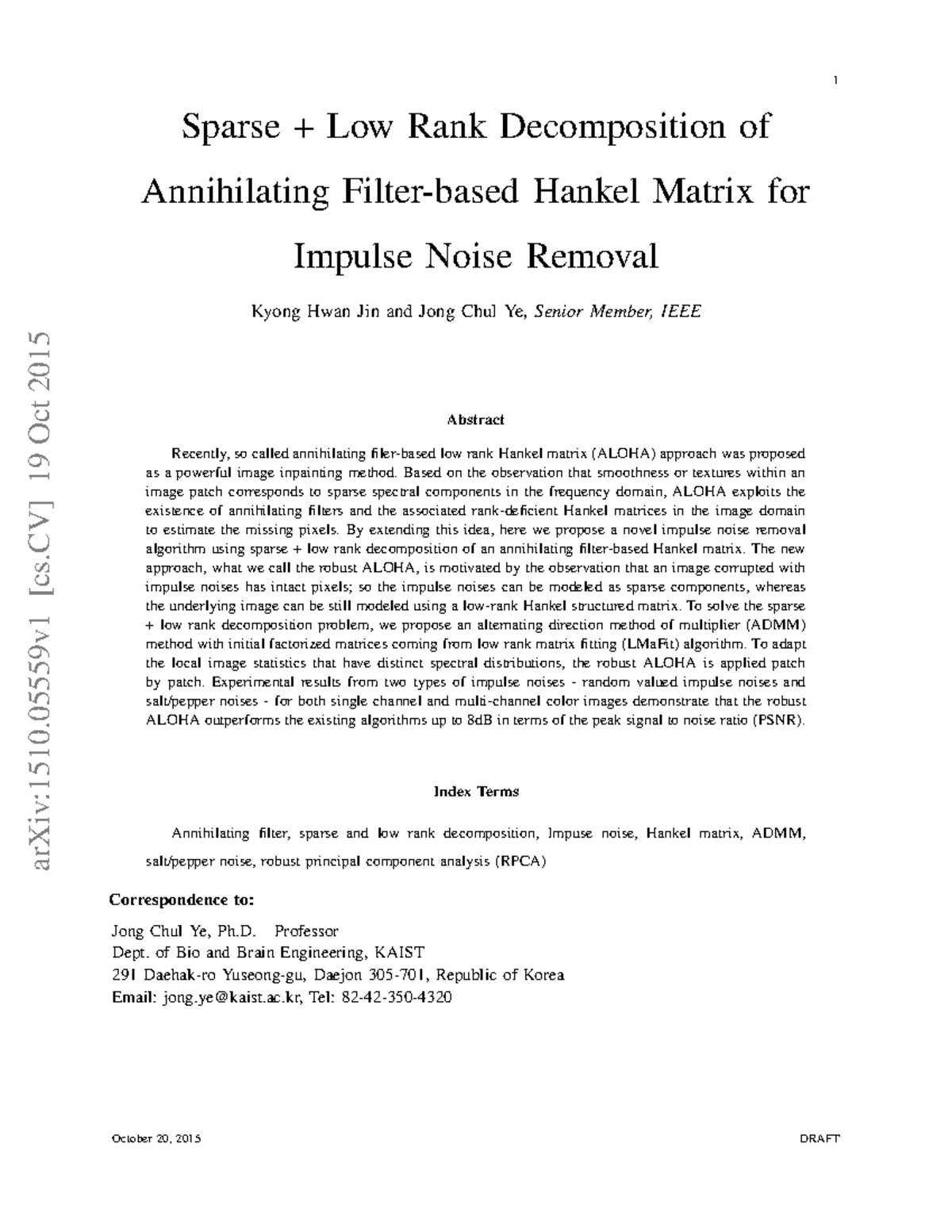 Sparse Low Rank Decomposition for Impulse Noise Removal in Images (1510 ...
