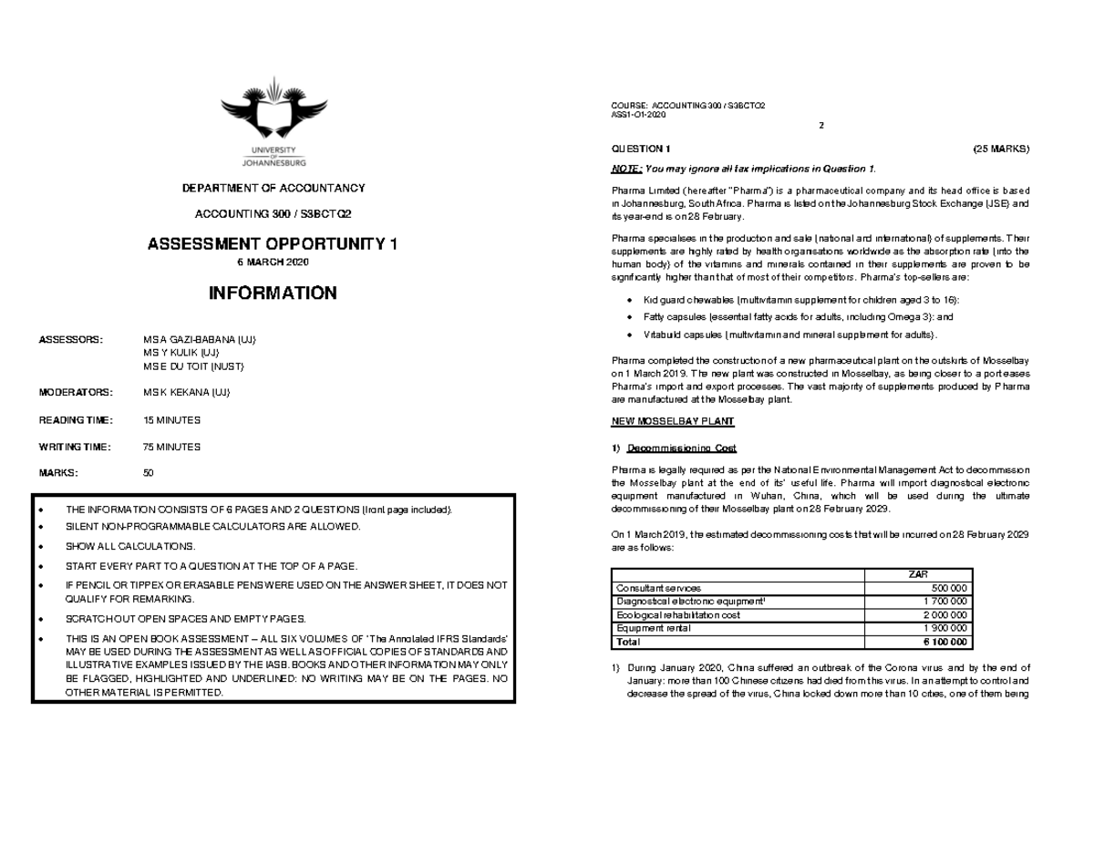 ACC300 AO1 2020 info - DEPARTMENT OF ACCOUNTANCY ACCOUNTING 300 ...