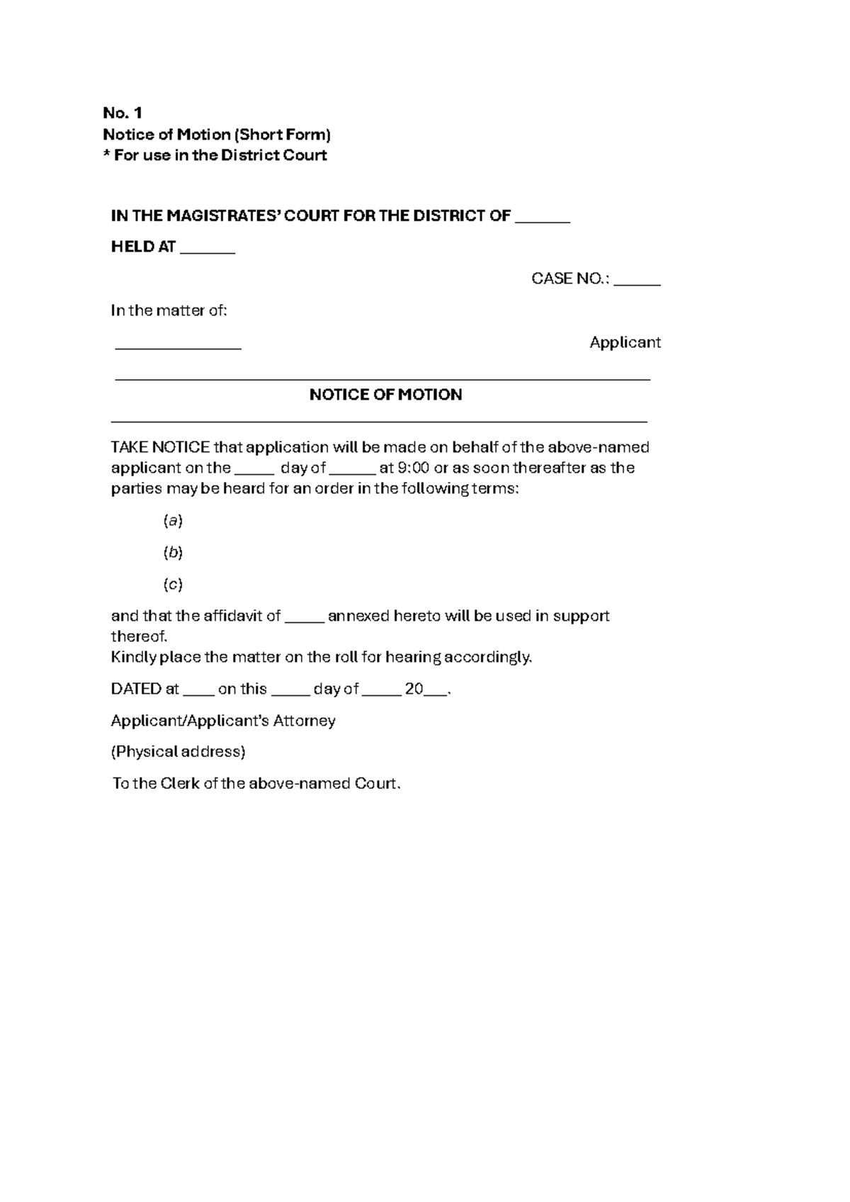 NOM 1 - Notice of Motion Templates for District & Regional Courts - Studocu
