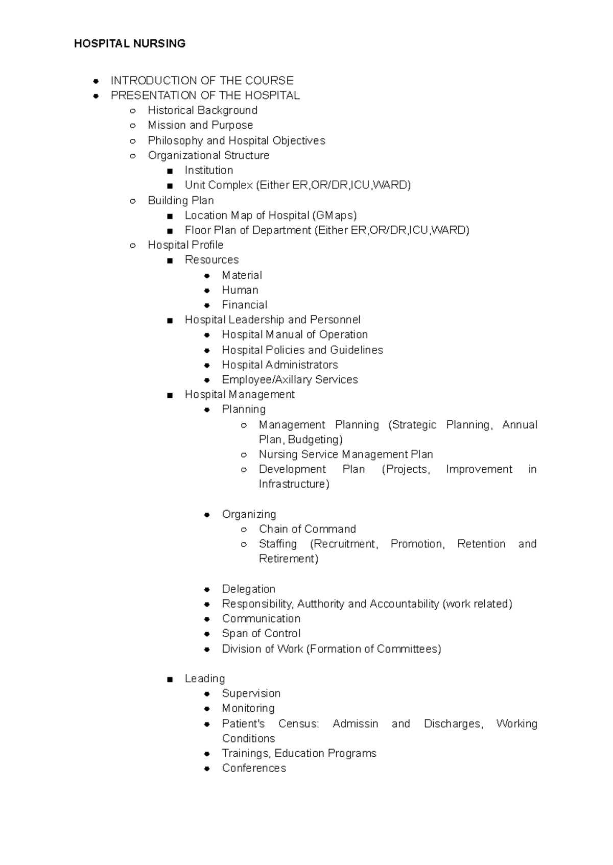HOSP 101: Introduction to Hospital Nursing - Course Overview and ...