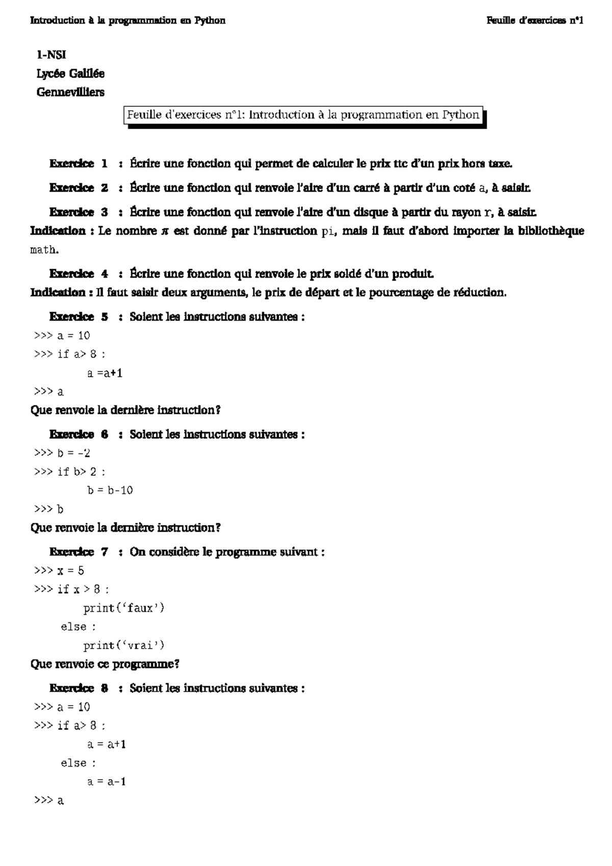 Exercices 01 - Introduction à la programmation en Python - Studocu