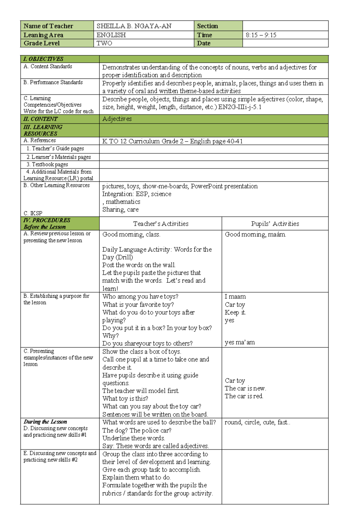 Lesson Plan: Grade 2 English - Understanding Adjectives (ENG 2) - Studocu