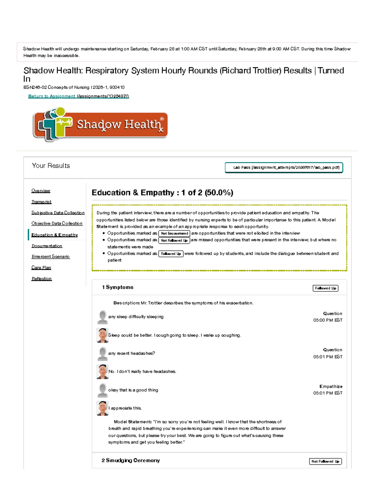 Shadow Health: Respiratory System Hourly Rounds (Nursing I 933413 ...