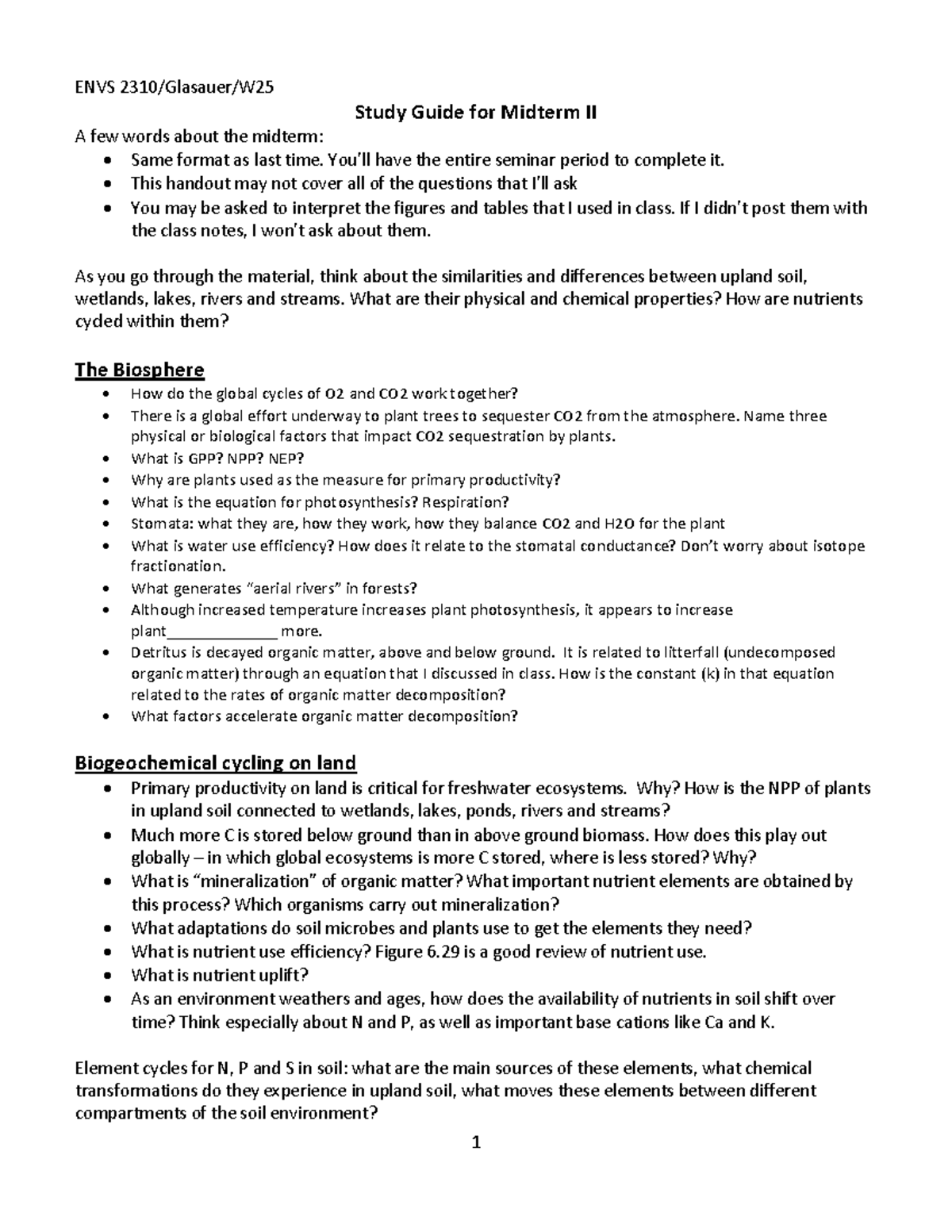 Study Guide for Midterm II - ENVS 2310/Glasauer/W2 - Studocu