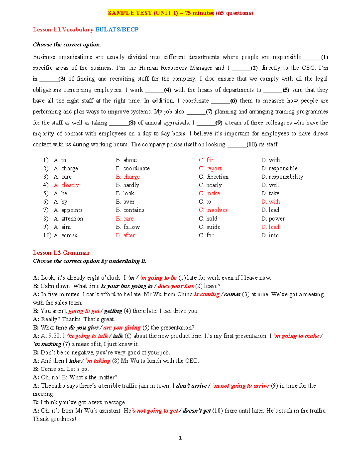 Key Sample Test Business Partner B1+ - Unit 1 Vocabulary & Grammar ...
