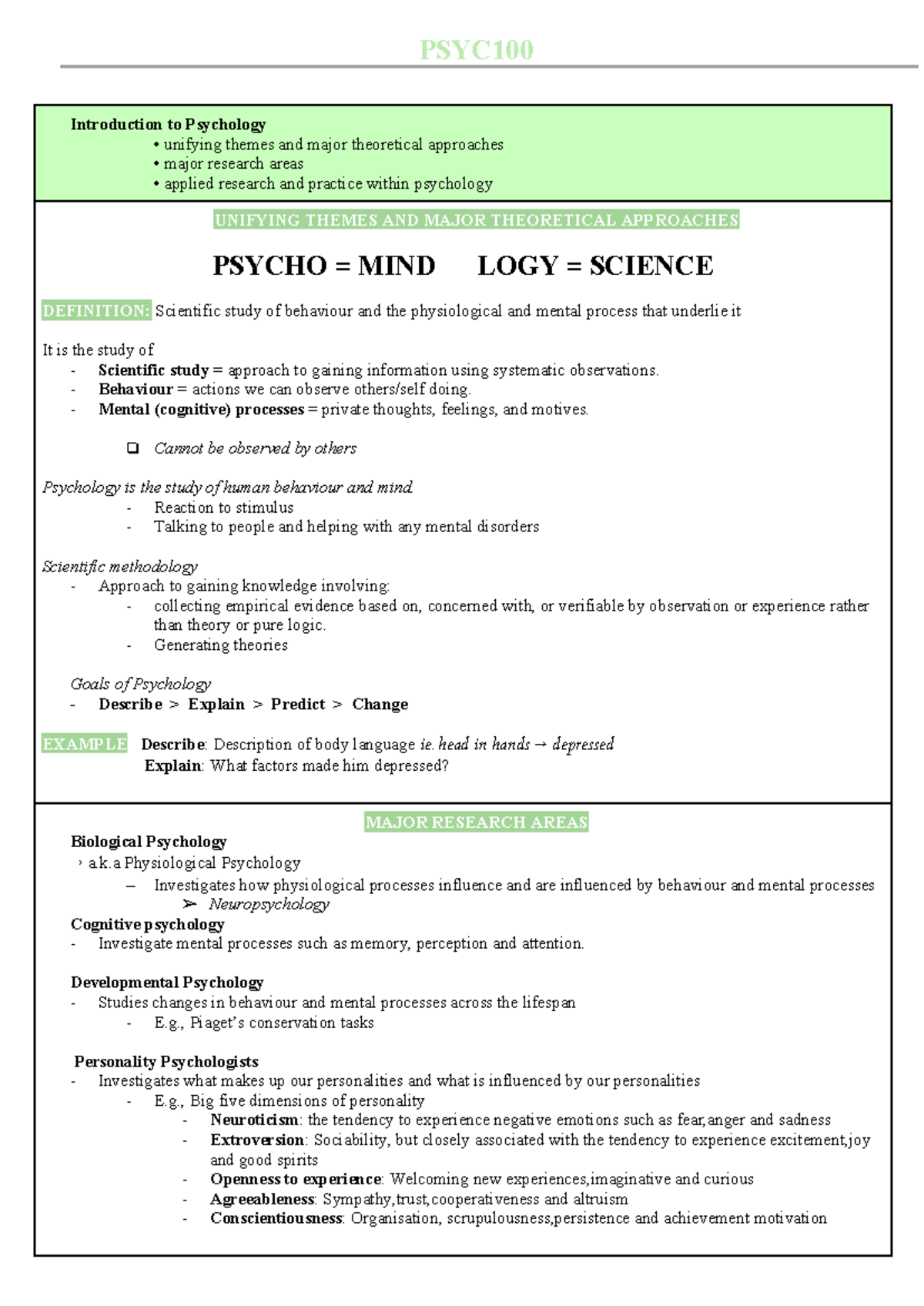 PSYC100 Lecture Notes: Understanding Psychology Essentials and Concepts ...