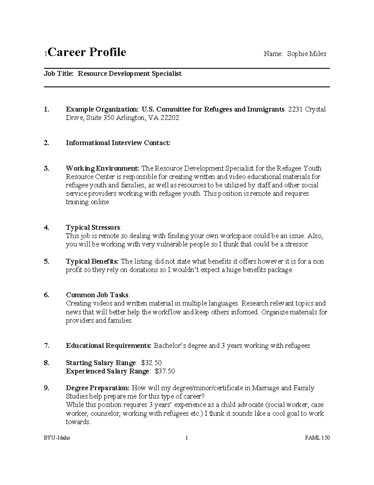 FAML150 Career Profile: Resource Development Specialist Overview - Studocu