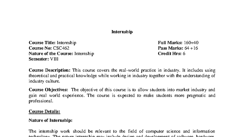 CSC462 Internship Course Syllabus: Structure & Evaluation Details - Studocu