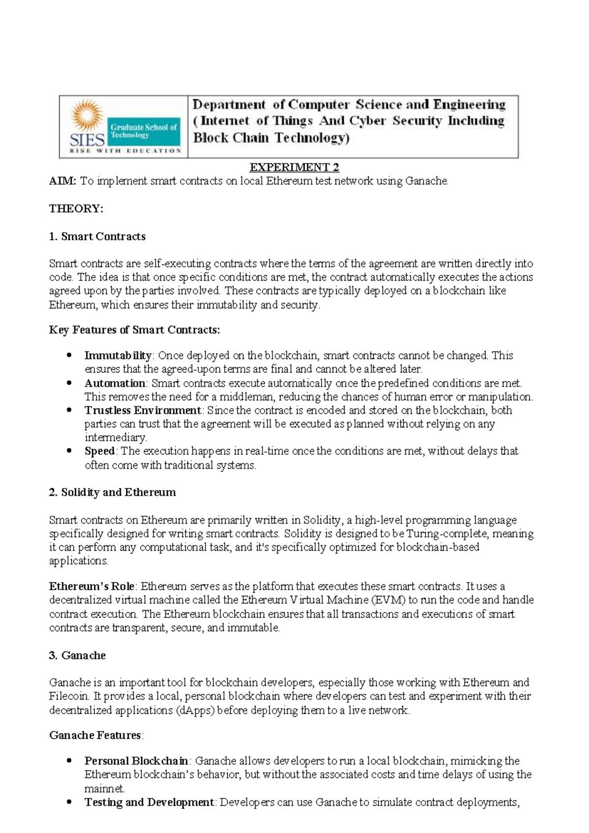 Exp 2 BT - Implementing Smart Contracts on Ethereum with Ganache - Studocu