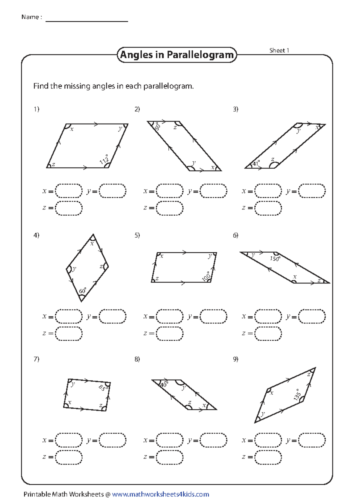 Angles in Parallelogram: Finding Missing Angles (Math Worksheet) - Studocu