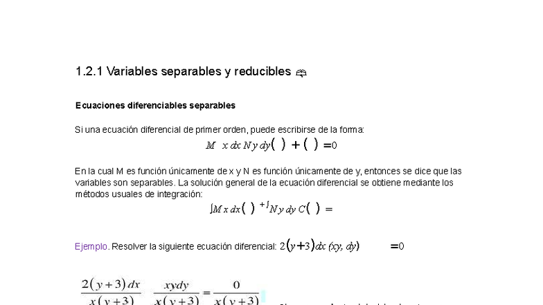 121 Ecuaciones Diferenciales: Variables Separables y Homogéneas - Studocu