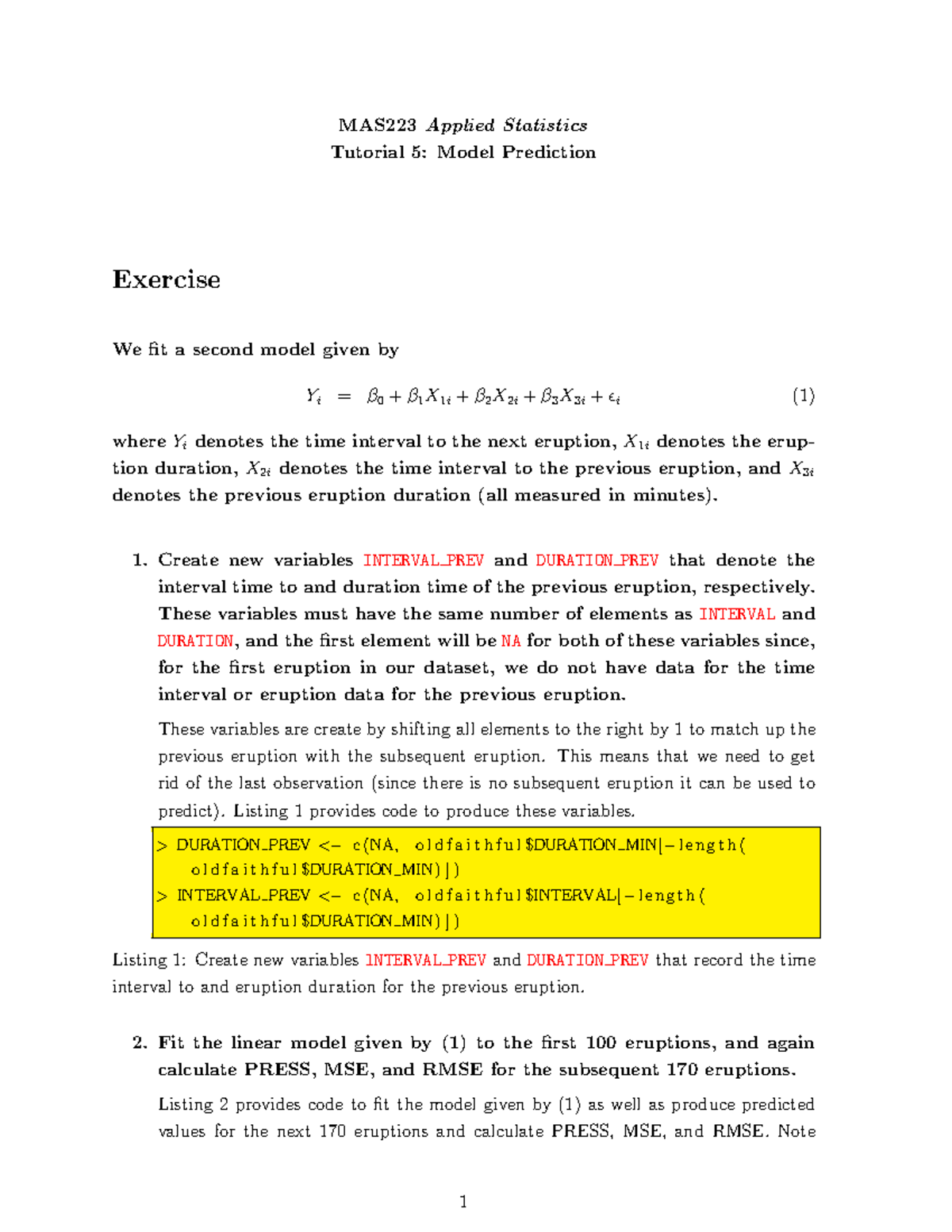 MAS223 Applied Statistics Tutorial 5: Model Prediction & Analysis - Studocu