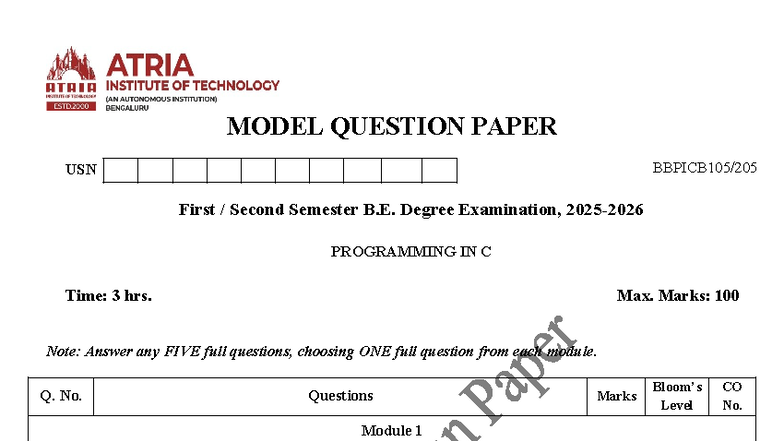 MODEL QUESTION PAPER Bbpicb 105205 RS - Programming in C Exam - Studocu